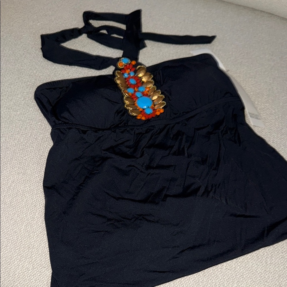 Badgley Mischka Black Halter Swim Set with Colorful Embellished top